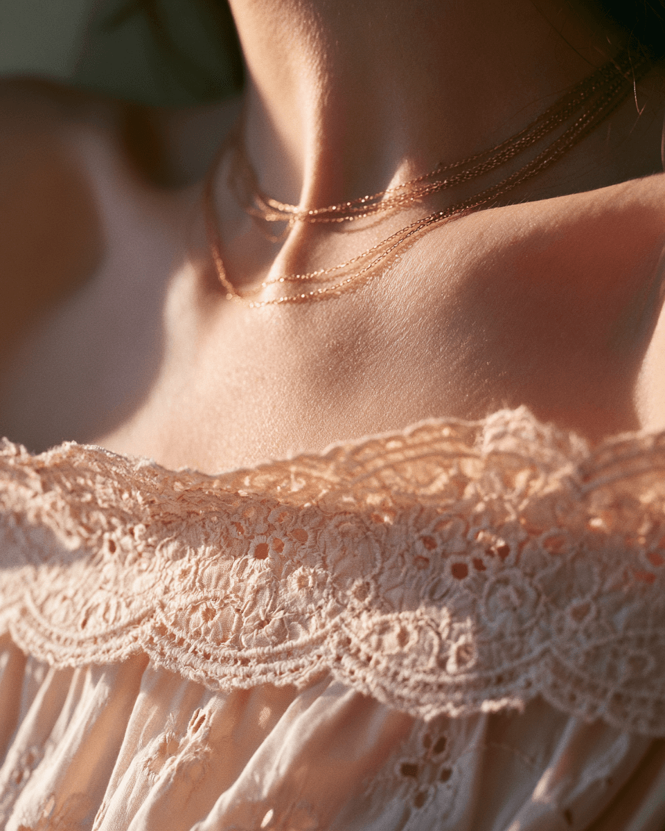 Close crop of a scalloped lace neckline against skin, with a stack of fine gold chains resting on the collarbone above it. Warm low sun raking across so the openwork casts small shadows and the eyelets show through.