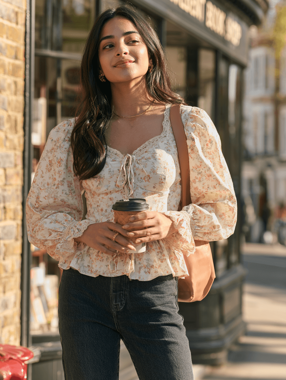 A woman standing outside a bookshop holding a takeaway coffee, in a cream ditsy floral blouse with sheer puff sleeves, lace trim at the neckline and cuffs, a tie at the bust and a ruffled peplum hem. Worn with black jeans, a tan shoulder bag and small gold hoops. Warm afternoon sun, brick and shopfront glass behind.