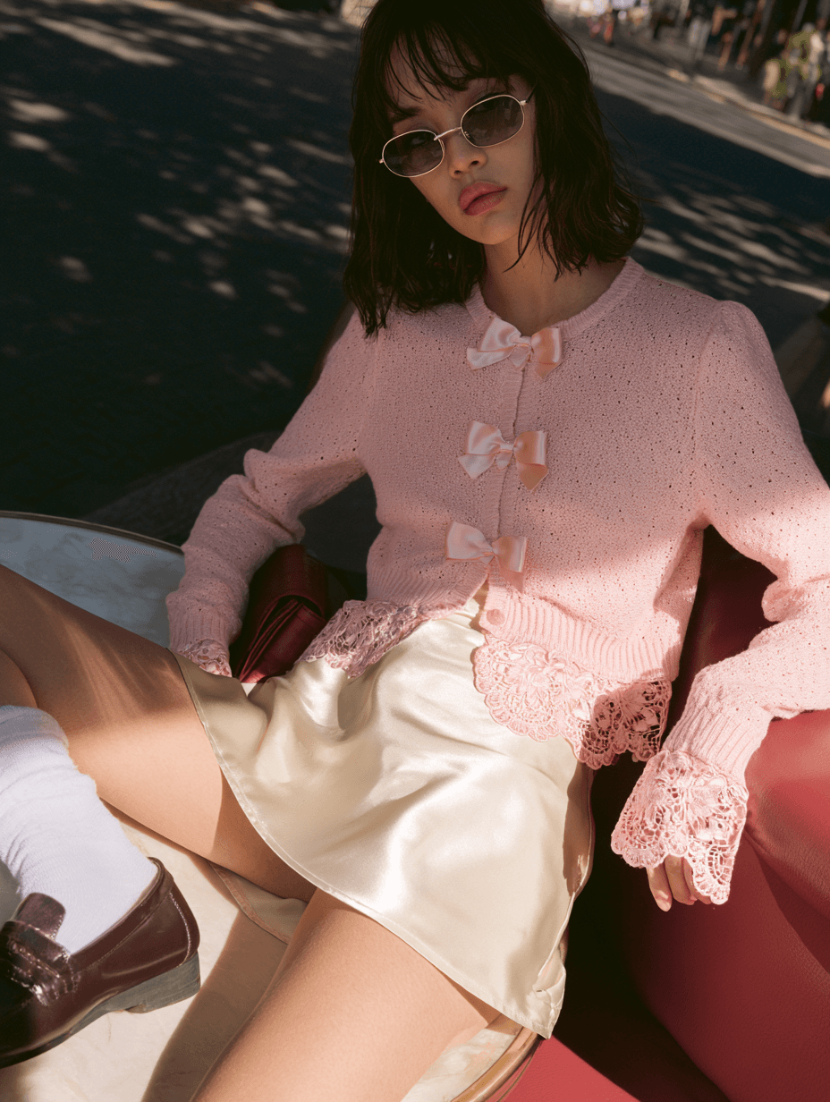 A woman sitting outdoors in dappled sun wearing a pale pink pointelle knit cardigan fastened with three satin bows, crochet lace flaring at the cuffs and hem. Worn over a cream satin slip skirt with white socks and burgundy loafers, small dark sunglasses, one arm stretched along the seat back.
