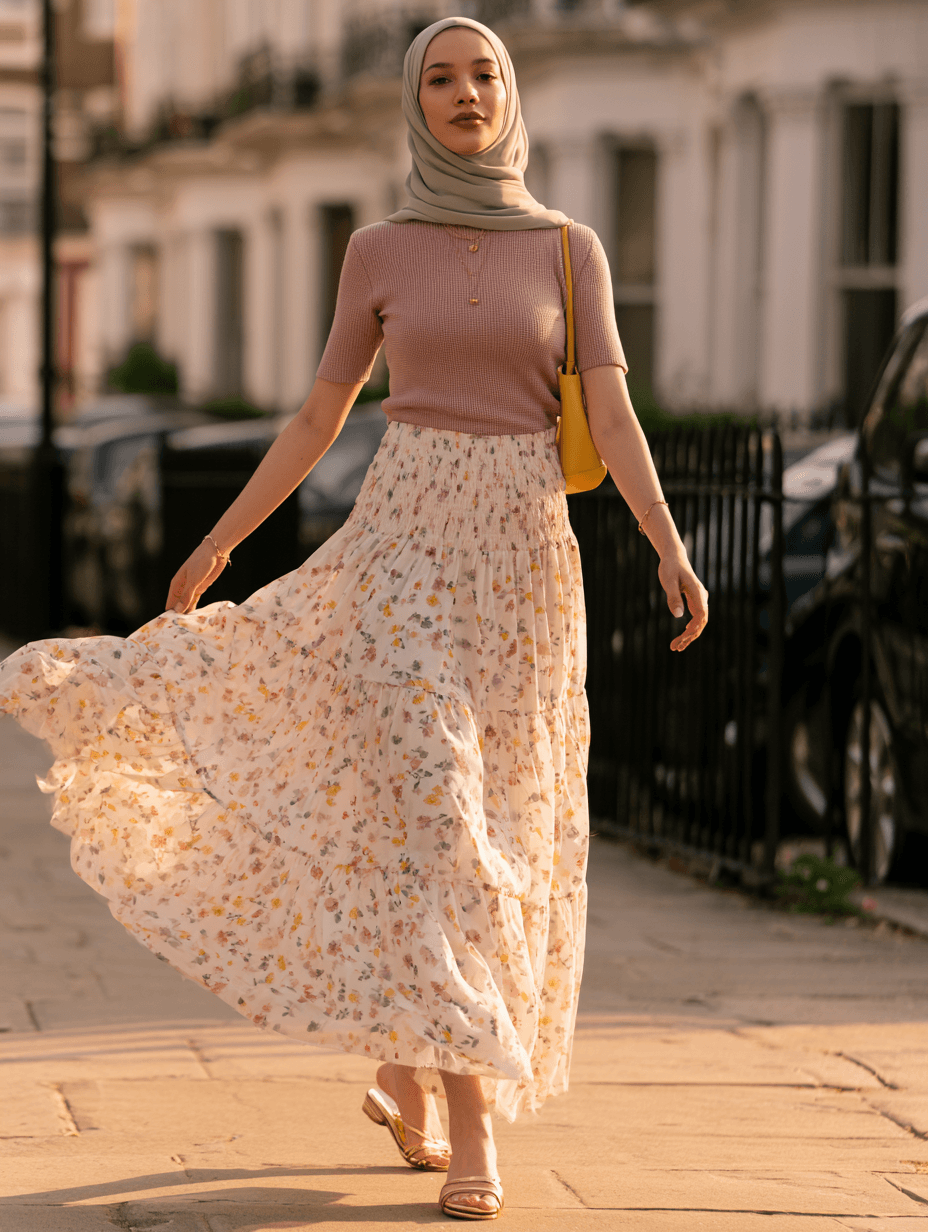 A woman walking along a pavement holding out one side of a floor-length tiered chiffon skirt in a cream ditsy floral, smocked at the waist, so the hem lifts and floats. Worn with a dusty pink ribbed tee, a sage hijab, a small yellow shoulder bag and gold flat sandals. White stucco terraces and railings soft behind, low warm sun.