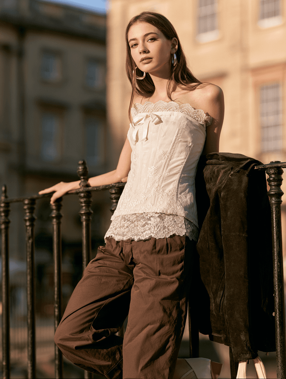 A woman leaning against black iron railings on a Georgian street in a cream corset top with scalloped lace at the neckline, a satin ribbon bow at the centre, tonal floral embroidery through the body and a deep lace hem. Worn with loose chocolate brown trousers, gold hoops, a suede jacket over the railing beside her. Warm low sun.