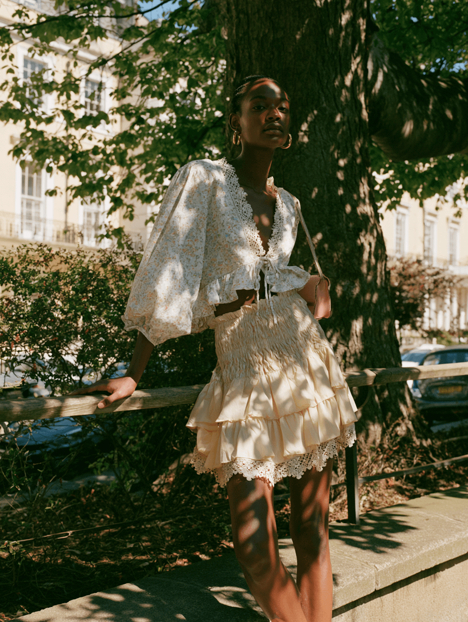 One woman, UK 20 to 22, standing at a low wooden railing at the edge of an overgrown garden, one hand on the rail, looking away from camera. Blush broderie halter midi, flat gold sandals. Dappled sun through an olive tree.